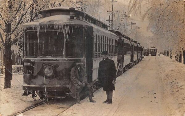 Rome New York Trolley Street Car Winter Scene Motormen Real Photo PC AA95447