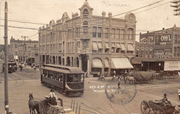 Winfield Kansas Main Street Bank Owl Cigar Trolley Real Photo PC AA95453