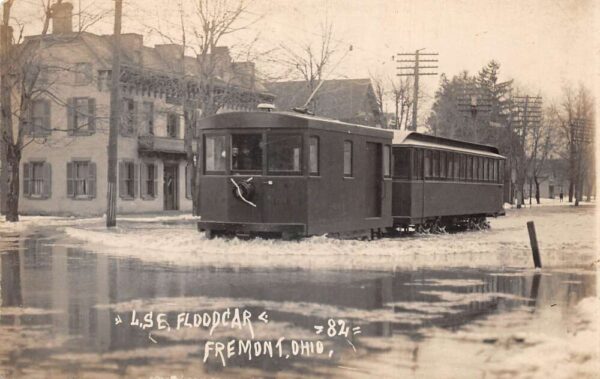 Fremont Ohio LSE Flood Trolley Car Flood Disaster Real Photo Postcard AA95457