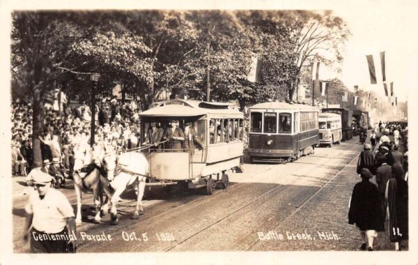 Battle Creek Michigan Centennial Parade Trolley Car Real Photo Postcard AA95466