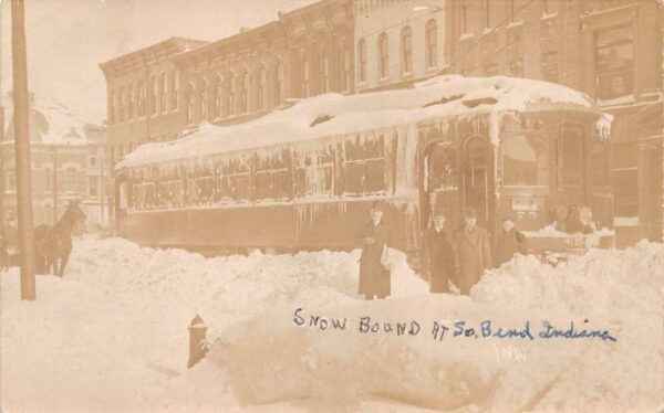 South Bend Indiana Trolley Street Car Snow Storm Real Photo Postcard AA95497