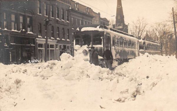 Oberlin Ohio South Main Street Trolley Car Snow Storm Real Photo PC AA95498