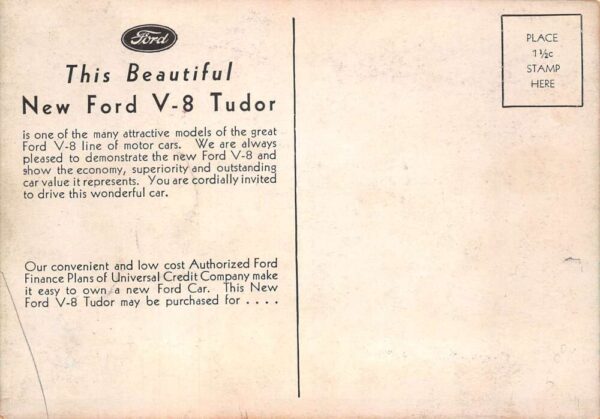 Ford V8 Tudor Car Ad Universal Credit Ad Vintage Postcard AA95769 - Image 2