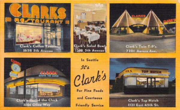 Seattle Washington Clarks Restaurant Linen Vintage Postcard AA95774