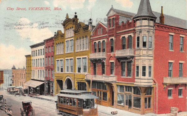 Vicksburg Mississippi Clay Street Trolley Vintage Postcard AA95832