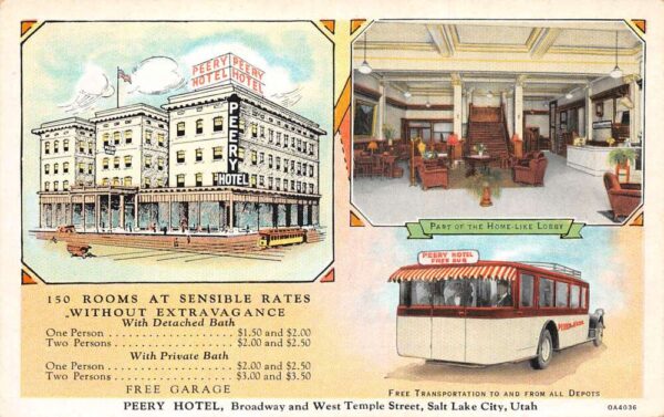 Salt Lake City Utah Perry Hotel and Bus Vintage Postcard AA95846