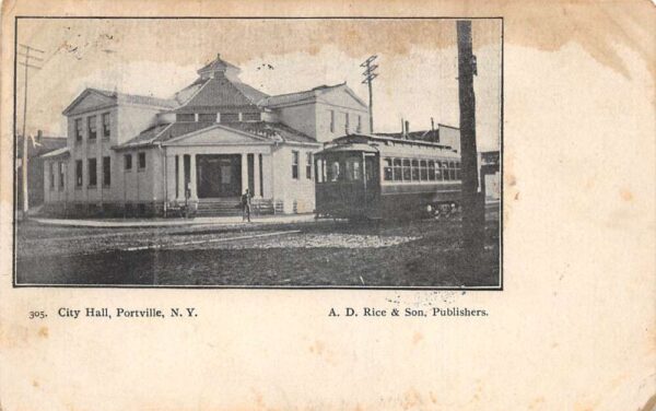 Portville New York City Hall and Trolley Vintage Postcard AA95852