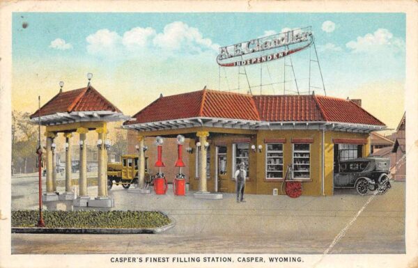 Casper Wyoming Chandler Filling Station Gas Pumps Vintage Postcard AA95863