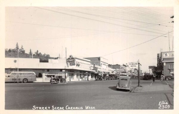 Chehalis Washington Street Scene Bus and Cats Stages Cafe Real Photo PC AA95876