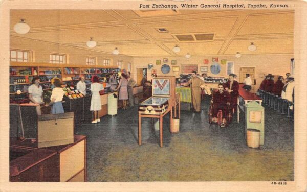 Topeka Kansas Post Exchange Winter Hospital Pinball Machine Postcard AA95877