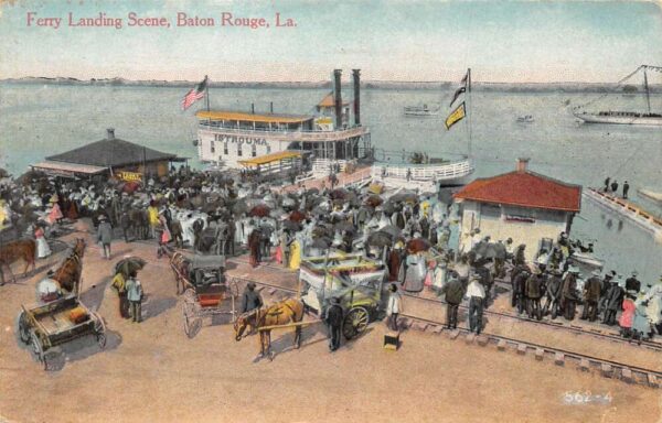 Baton Rouge Louisiana Ferry Landing Crowd at Dock Steamer Postcard AA95880