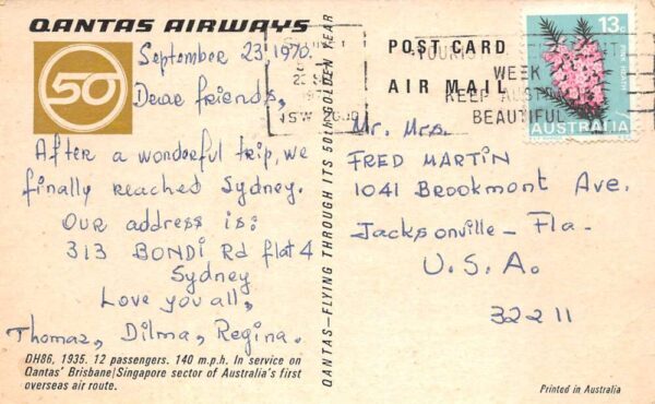 Australia Qantas Airways RMA Sydney Airplane Vintage Postcard AA95883 - Image 2