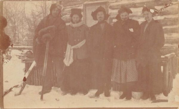 Winter Scene People by Log Cabin Real Photo Vintage Postcard AA95886