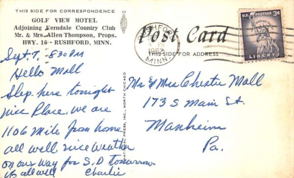 Rushford Minnesota Golf View Motel Vintage Postcard AA95961 - Image 2