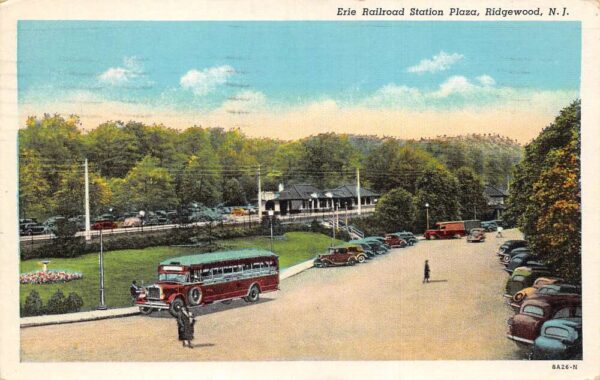 Ridgewood New Jersey Erie Railroad Station Plaza Bus Vintage Postcard AA95980