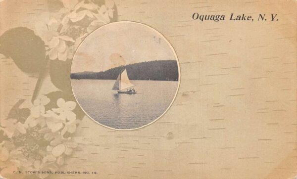 Oquaga Lake New York Sailboat Floral Border Vintage Postcard AA96043