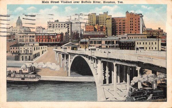 Houston Texas Main Street Viaduct over Buffalo River Vintage Postcard AA96133