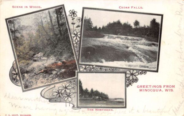 Minocqua Wisconsin Cedars Falls Scenic View Greetings Vintage Postcard AA96162