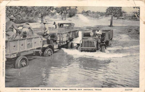 San Antonio Texas Camp Travis Trucks Crossing Stream Vintage Postcard AA96168