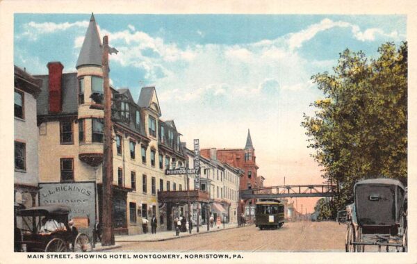 Norristown Pennsylvania Main Street Hotel Montgomery Trolley Postcard AA96200