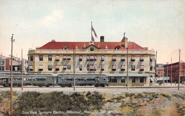 Spokane Washington Electric Terminal and Trolley Car Vintage Postcard AA96205