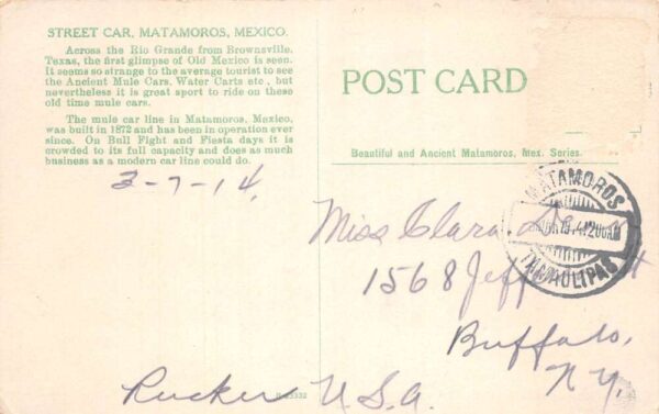 Matamoros Mexico Mule Trolley Street Car Vintage Postcard AA96206 - Image 2