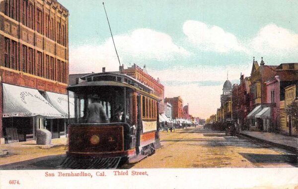 San Bernhardino California Third Street Trolley Car Vintage Postcard AA96229