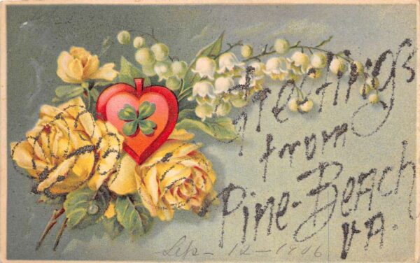 Pine Beach Virginia Greetings Yellow Roses Heart Glitter Postcard AA96242