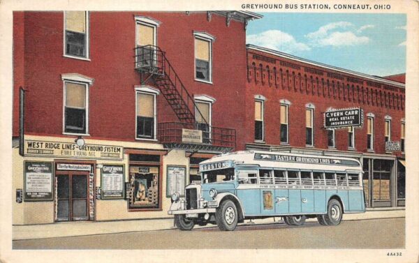 Conneaut Ohio Greyhound Bus Station Carr Real Estate Insurance Postcard AA96249