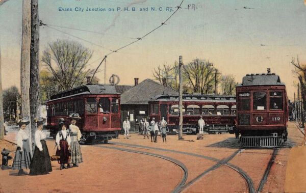 Evans City Pennsylvania PHBNC Railway Junction Trolley Cars Postcard AA96269