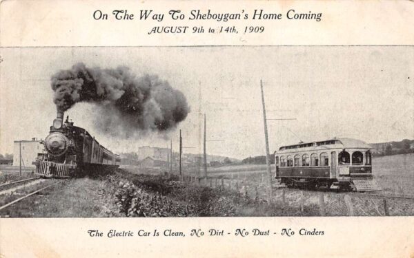 Sheboygan Wisconsin Electric Trolley Car and Train Vintage Postcard AA96271