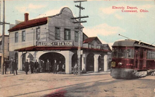 Conneaut Ohio Electric Depot Trolley Car Vintage Postcard AA96280