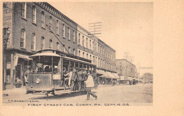 Corry Pennsylvania First Trolley Street Car Vintage Postcard AA96288