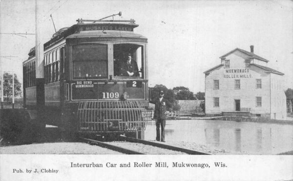 Mukwonago Wisconsin Interurban Trolley Car and Roller Mill Postcard AA96301