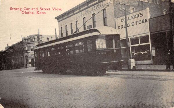 Olathe Kansas Strang Trolley Car Drug Store Vintage Postcard AA96304