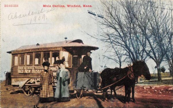 Winfield Kansas Mule Carline Trolley Car Vintage Postcard AA96306