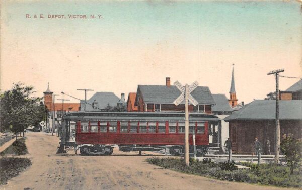 Victor New York R and E Depot Train Station Trolley Car Vintage Postcard AA96322