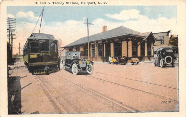 Fairport New York RS Trolley Station and Motor Cars Vintage Postcard AA96323