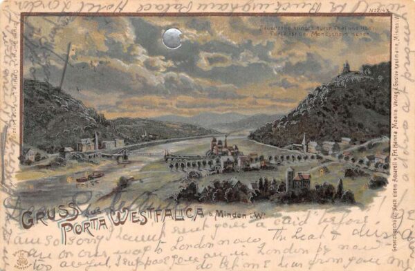 Porta Westfalica Germany Birds Eye View Gruss aus Silver Moon Postcard AA96368