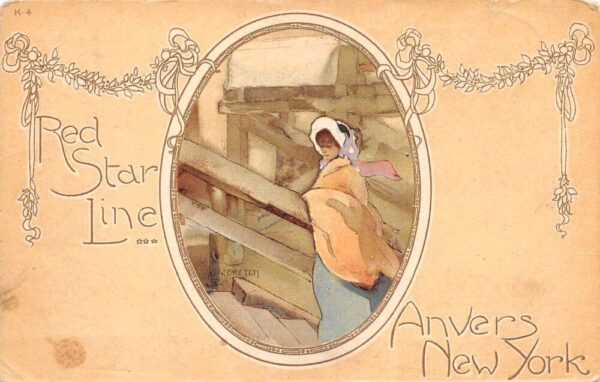 Anvers New York Red Star Line Steamer Ad Girl on Steps Artist Signed PC AA96390