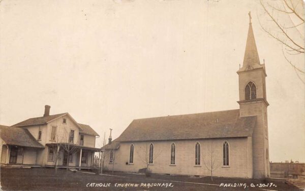 Paulding Ohio Catholic Church and Parsonage Real Photo Postcard AA96398