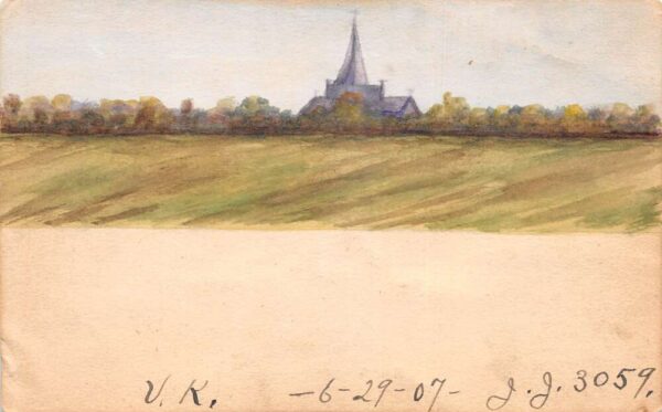 Hand Painted Water Color Landscape with Church Postal Used Postcard AA96399