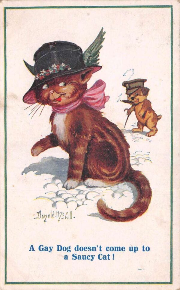 Greetings Dressed Cat and Dog Smoking Cigar McGill Artist Signed PC AA96403