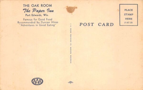 Port Edwards Wisconsin The Paper Inn Oak Room Vintage Postcard AA96418 - Image 2