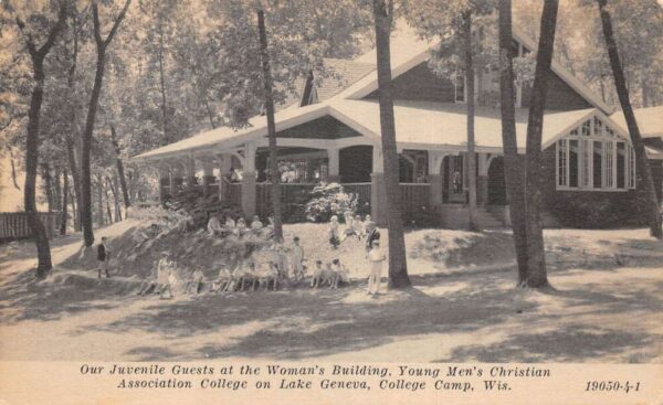 College Camp Wisconsin YMCA Lake Geneva Womens Bldg Vintage Postcard AA96421