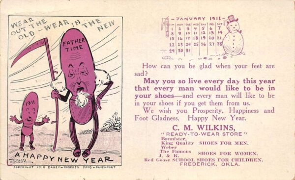 Frederick Oklahoma CM Wilkins Shoe Store New Years Greetings Postcard AA96573