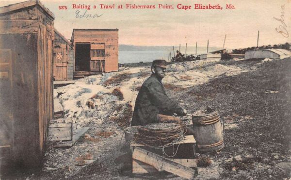 Cape Elizabeth Maine Fishermans Point Baiting a Trawl Vintage Postcard AA96577