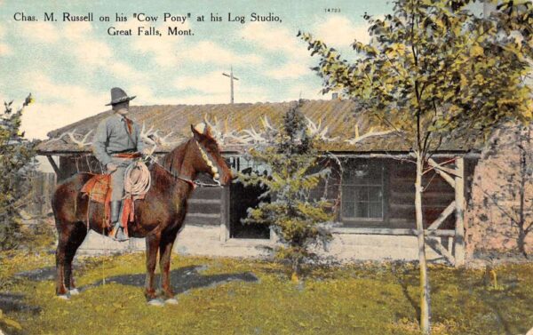 Great Falls Montana Chas M Russell on his Cow Pony Log Studio Postcard AA96580