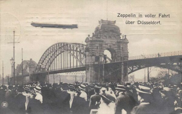 Dusseldorf Germany Zeppelin Airship Flying over Bridge Real Photo PC AA92847