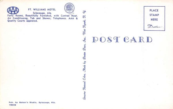 Sylacauga Alabama Fort Williams Motel Vintage Postcard AA92866 - Image 2